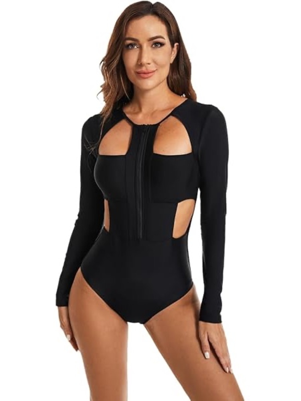 Long-Sleeve Black Cutout One-Piece Swimsuit